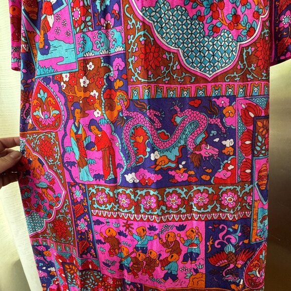Vintage 70s dress, magenta, fuchsia, turquoise, orange, red novelty print, funky - Picture 3 of 10